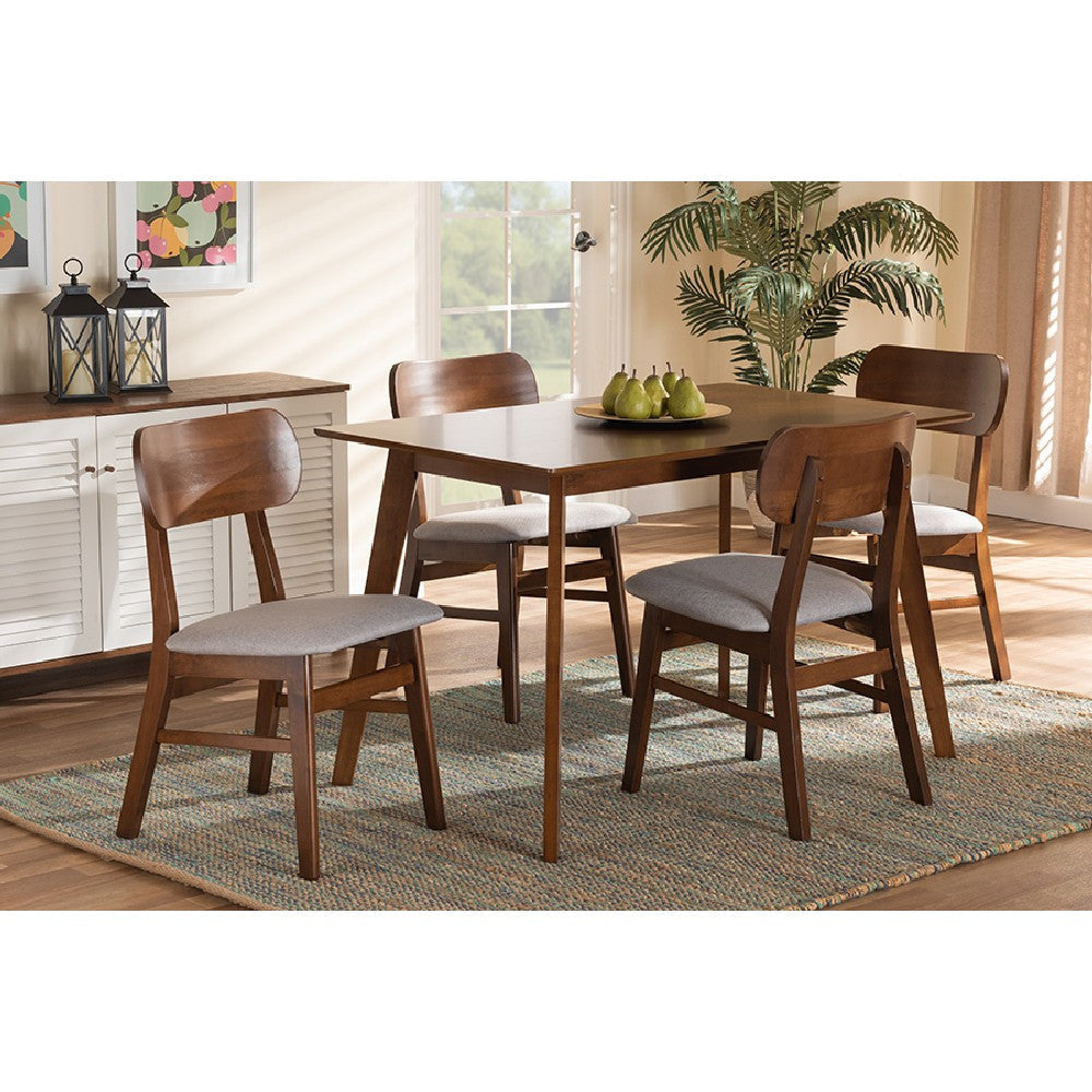 Baxton Studio Euclid Mid-Century Modern Grey Fabric Upholstered and Walnut Brown Finished Wood 5-Piece Dining Set
