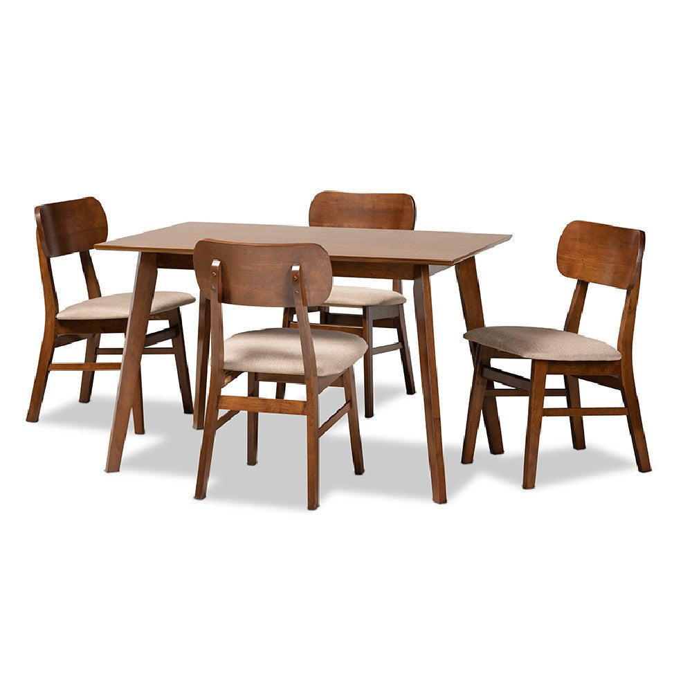 Baxton Studio Euclid Mid-Century Modern Sand Fabric Upholstered and Walnut Brown Finished Wood 5-Piece Dining Set