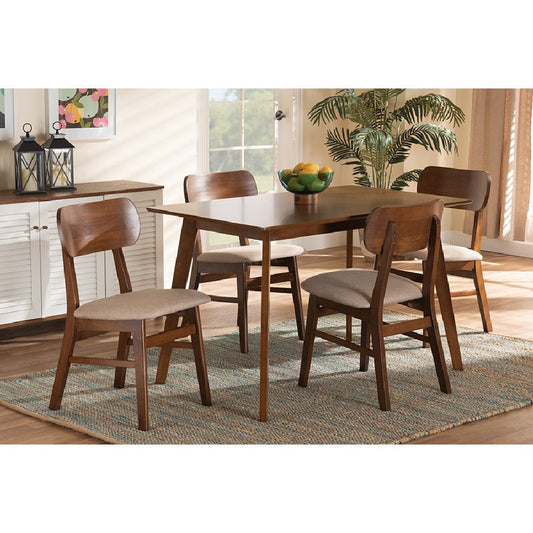 Baxton Studio Euclid Mid-Century Modern Sand Fabric Upholstered and Walnut Brown Finished Wood 5-Piece Dining Set