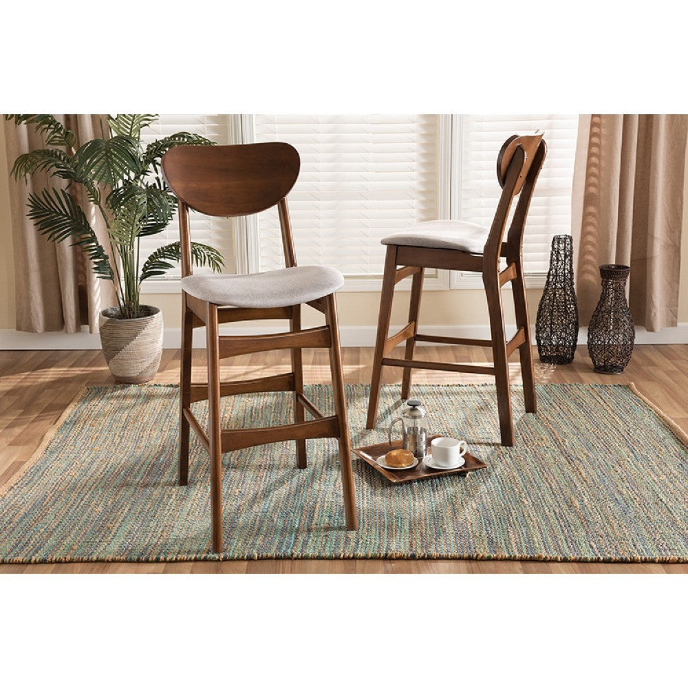 Baxton Studio Katya Mid-Century Modern Grey Fabric Upholstered and Walnut Brown Finished Wood 2-Piece Bar Stool Set WHI-RH378BP-Grey-Walnut