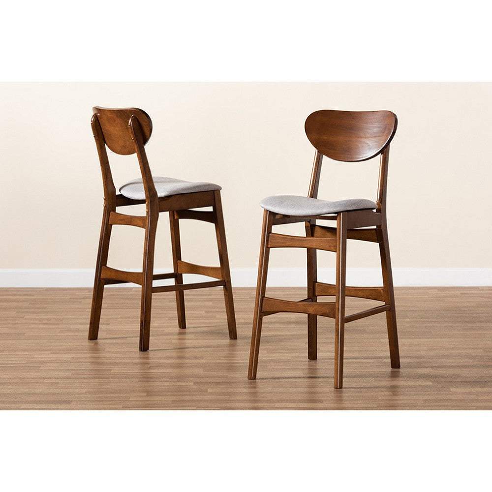 Baxton Studio Katya Mid-Century Modern Grey Fabric Upholstered and Walnut Brown Finished Wood 2-Piece Bar Stool Set WHI-RH378BP-Grey-Walnut