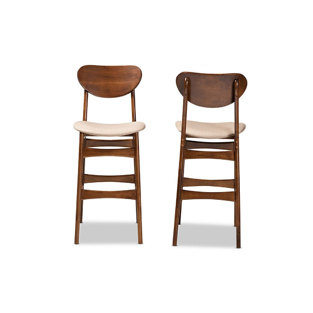 Baxton Studio Katya Mid-Century Modern Sand Fabric Upholstered and Walnut Brown Finished Wood 2-Piece Bar Stool Set WHI-RH378BP-Sand-Walnut