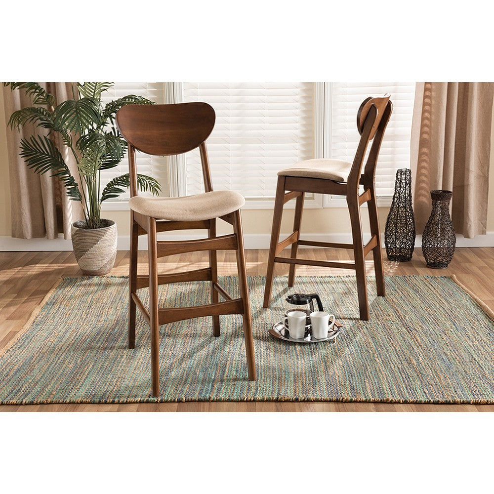 Baxton Studio Katya Mid-Century Modern Sand Fabric Upholstered and Walnut Brown Finished Wood 2-Piece Bar Stool Set WHI-RH378BP-Sand-Walnut