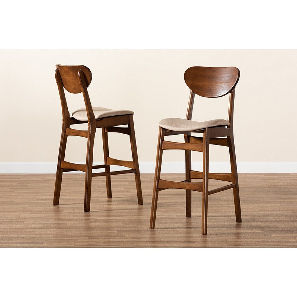 Baxton Studio Katya Mid-Century Modern Sand Fabric Upholstered and Walnut Brown Finished Wood 2-Piece Bar Stool Set WHI-RH378BP-Sand-Walnut