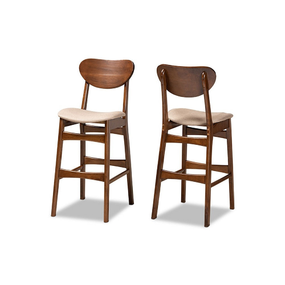Baxton Studio Katya Mid-Century Modern Sand Fabric Upholstered and Walnut Brown Finished Wood 2-Piece Bar Stool Set WHI-RH378BP-Sand-Walnut