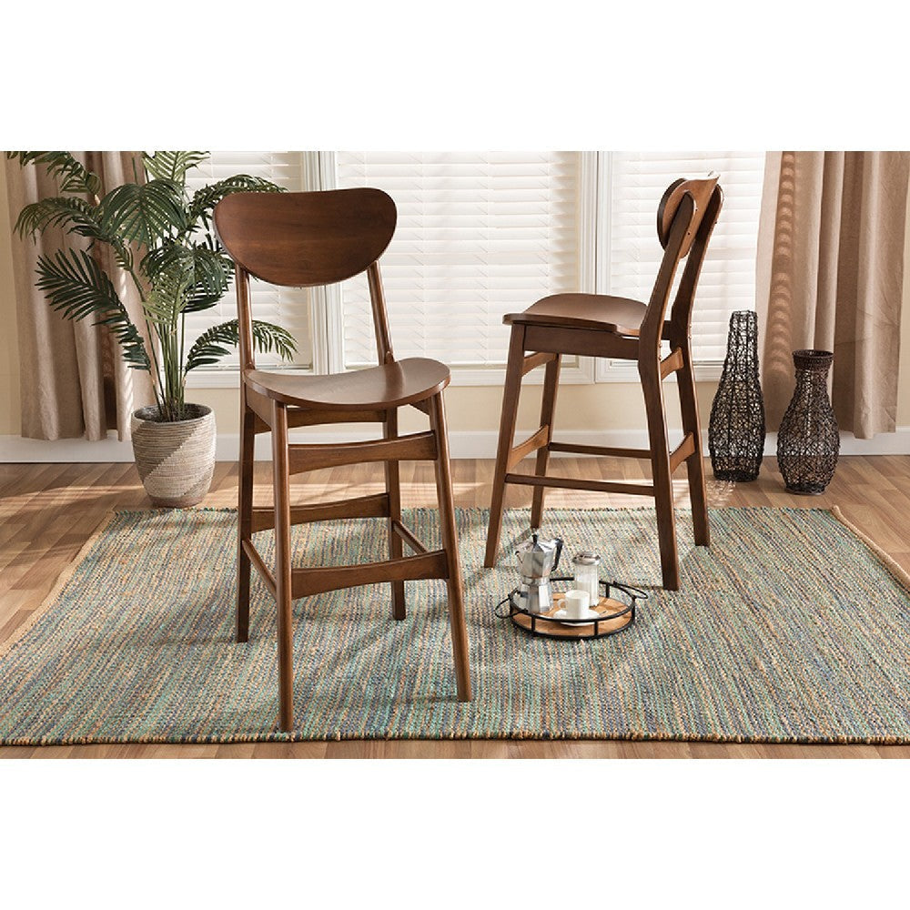 Baxton Studio Katya Mid-Century Modern Walnut Brown Finished Wood 2-Piece Bar Stool Set WHI-RH378BP-Walnut Bent Seat-BS-2PK