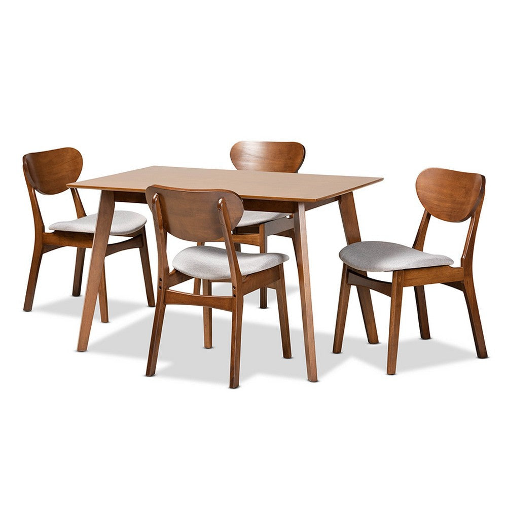 Baxton Studio Katya Mid-Century Modern Grey Fabric Upholstered and Walnut Brown Finished Wood 5-Piece Dining Set