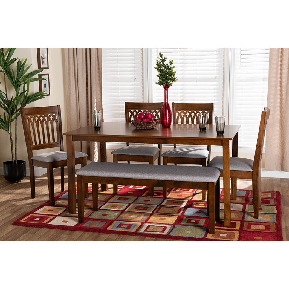 Baxton Studio Genesis Modern Grey Fabric and Walnut Brown Finished Wood 6-Piece Dining Set WHI-RH389C-Grey-Walnut-6PC-Dining-Set