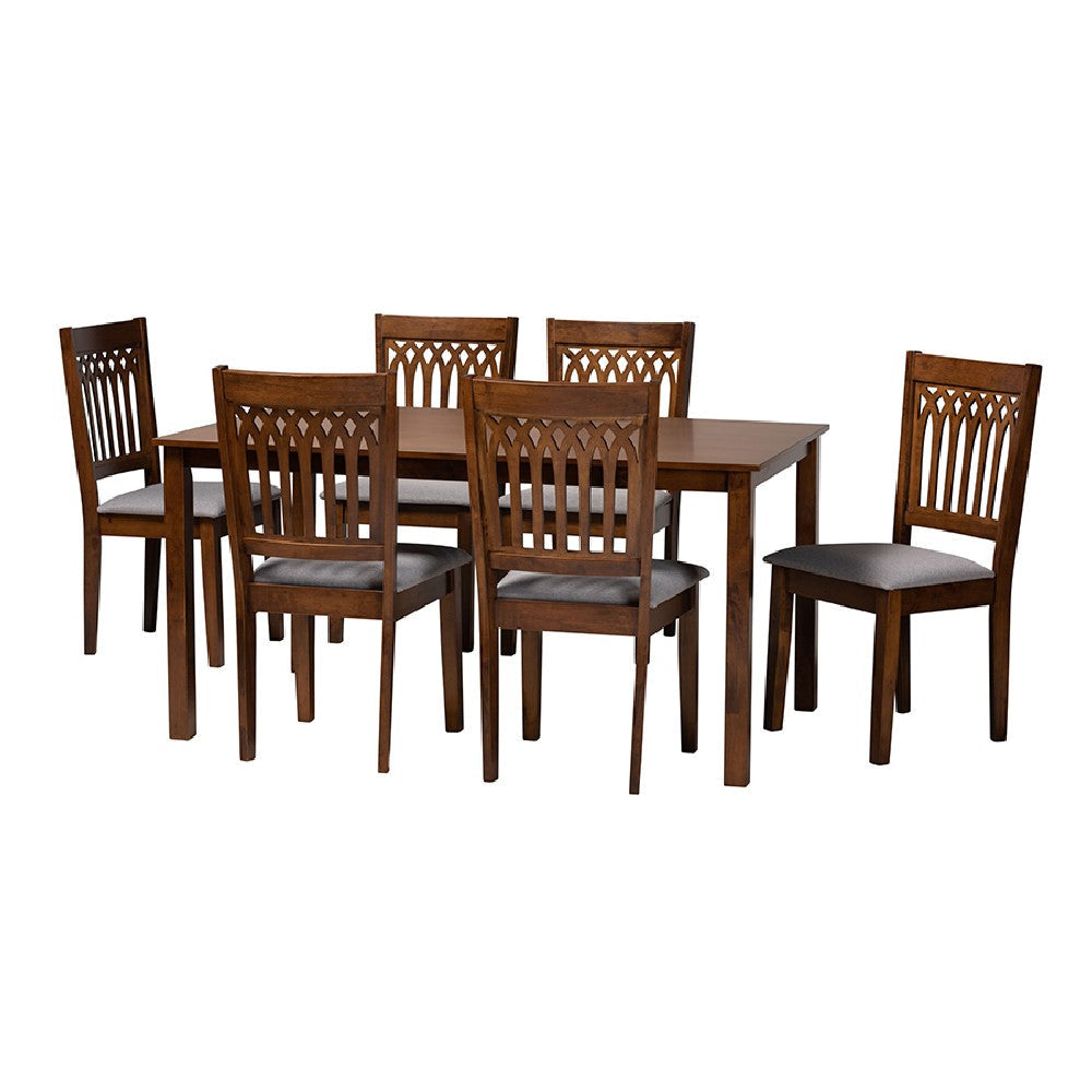 Baxton Studio Genesis Modern Grey Fabric and Walnut Brown Finished Wood 7-Piece Dining Set WHI-RH389C-Grey-Walnut-7PC-Dining-Set