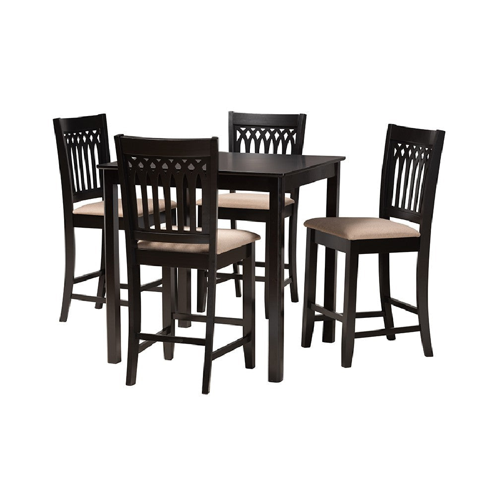Baxton Studio Genesis Modern Beige Fabric and Dark Brown Finished Wood 5-Piece Pub Set WHI-RH389P-Sand-Dark-Brown-5PC-Pub-Set