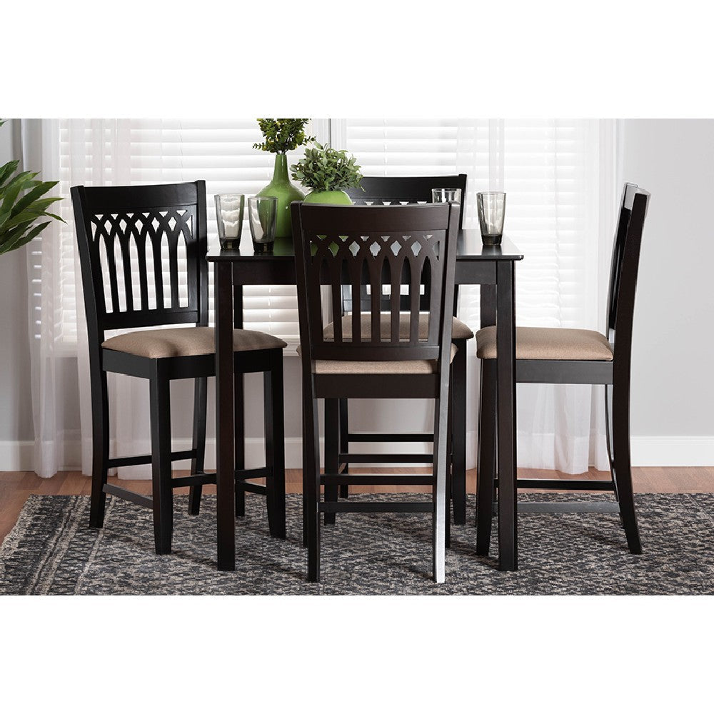 Baxton Studio Genesis Modern Beige Fabric and Dark Brown Finished Wood 5-Piece Pub Set WHI-RH389P-Sand-Dark-Brown-5PC-Pub-Set