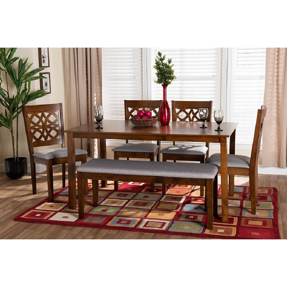 Baxton Studio Abigail Modern Grey Fabric and Walnut Brown Finished Wood 6-Piece Dining Set