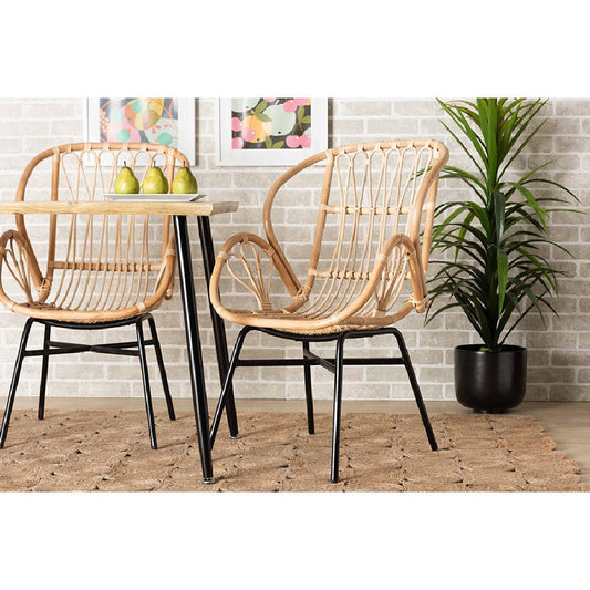 bali & pari Caelia Modern Bohemian Natural Brown Rattan and Black Metal Chair