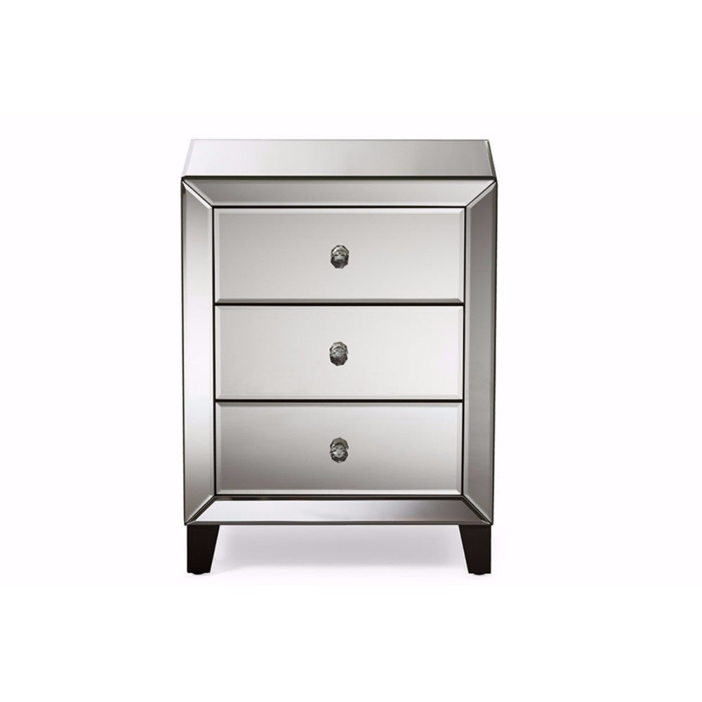 Baxton Studio Chevron Modern and Contemporary Hollywood Regency Glamour Style Mirrored 3-Drawers End Table WHI-RS1155