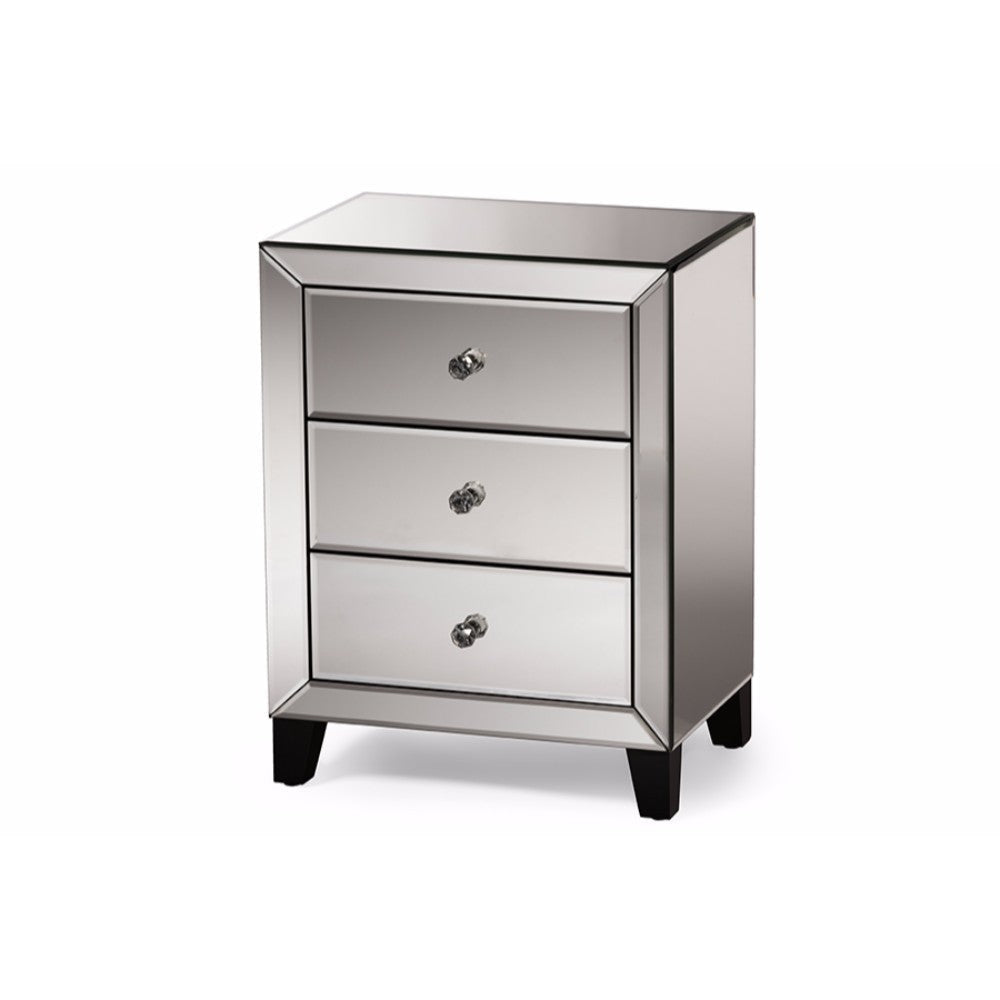 Baxton Studio Chevron Modern and Contemporary Hollywood Regency Glamour Style Mirrored 3-Drawers End Table WHI-RS1155