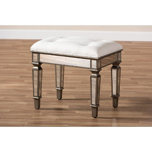 Baxton Studio Marielle Hollywood Regency Glamour Style Off White Fabric Upholstered Mirrored Ottoman Vanity Bench