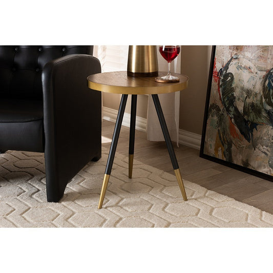 Baxton Studio Lauro Modern and Contemporary Round Walnut Wood and Metal End Table with Two-Tone Black and Gold Legs