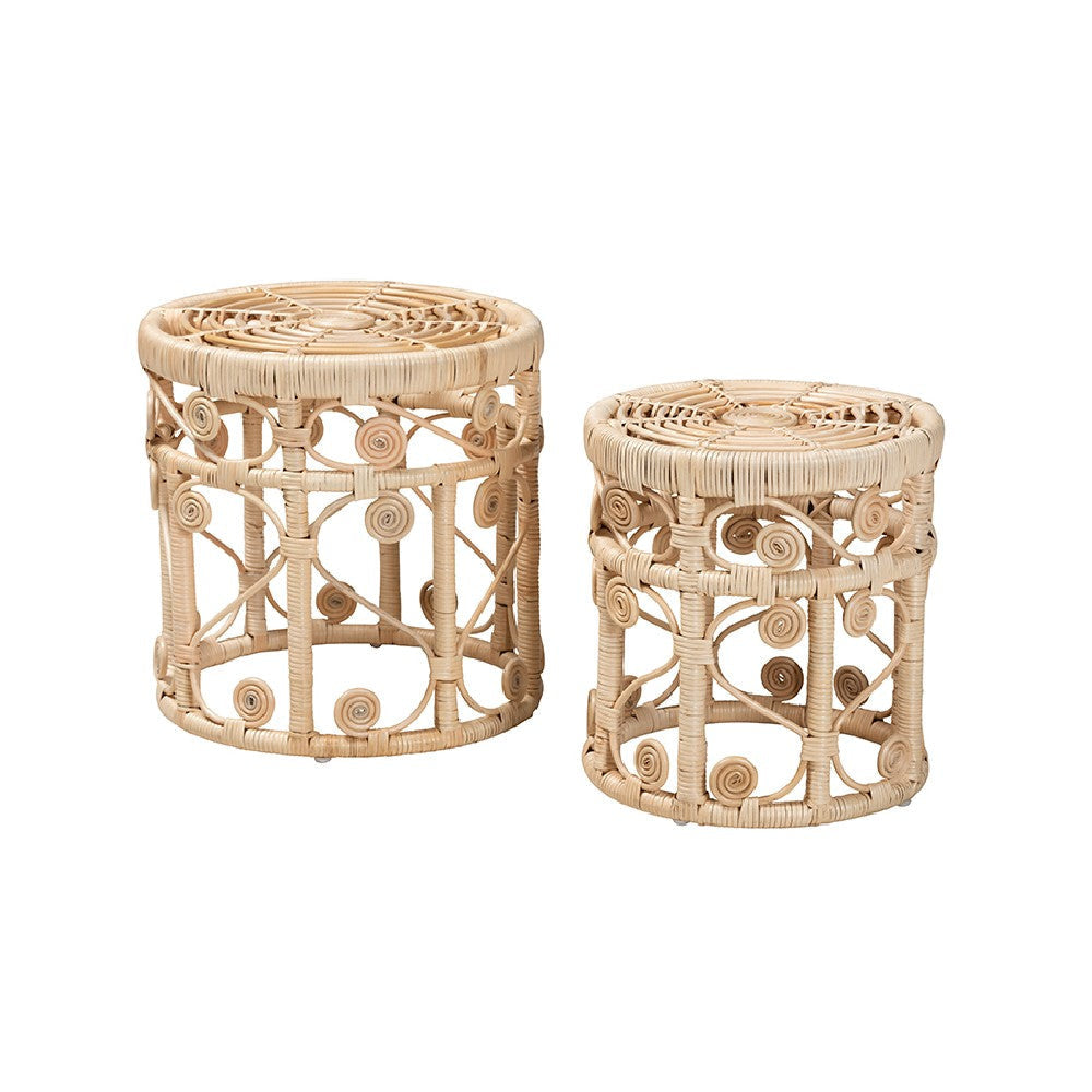 bali & pari Bowie Modern Bohemian Natural Brown Rattan 2-Piece Nesting End Table Set WHI-RT010-Rattan-Nesting-Table