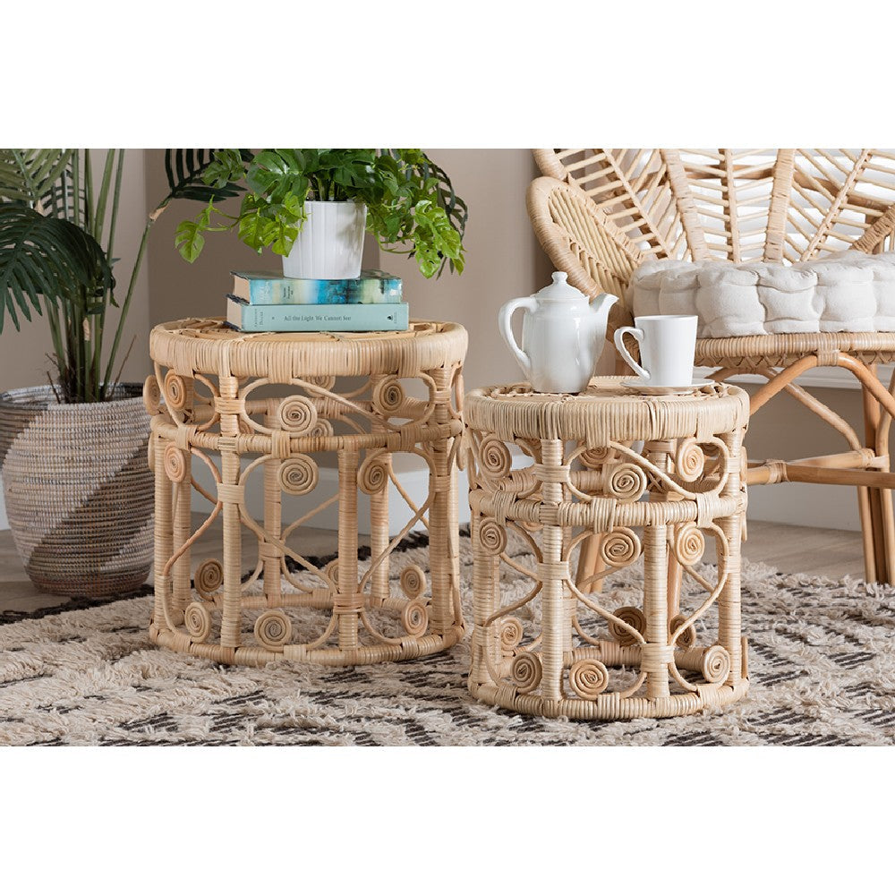 bali & pari Bowie Modern Bohemian Natural Brown Rattan 2-Piece Nesting End Table Set WHI-RT010-Rattan-Nesting-Table