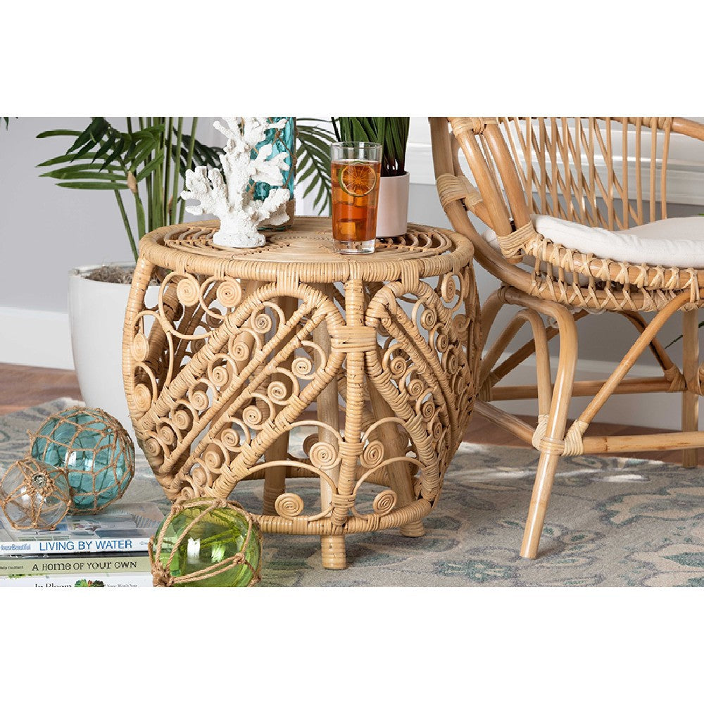 bali & pari Saranna Modern Bohemian Natural Brown Finished Rattan End Table WHI-RT011-Rattan-ET