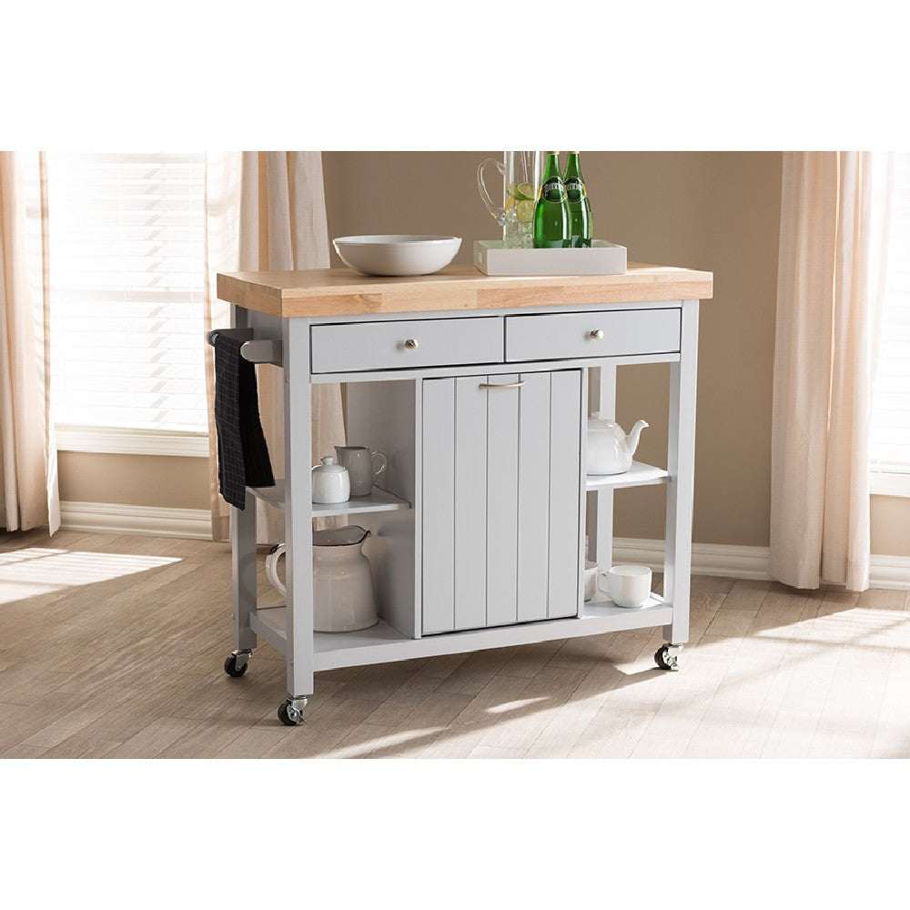 Baxton Studio Hayward Coastal and Farmhouse Light Grey Wood Kitchen Cart WHI-RT372-OCC