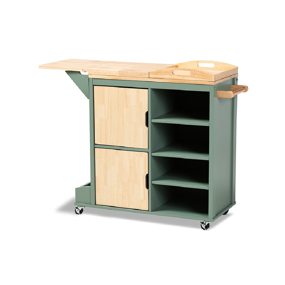 Baxton Studio Dorthy Coastal and Farmhouse Two-tone Dark Green and Natural Wood Kitchen Storage Cart WHI-RT670-OCC-Natural-Dark-Green-Cart