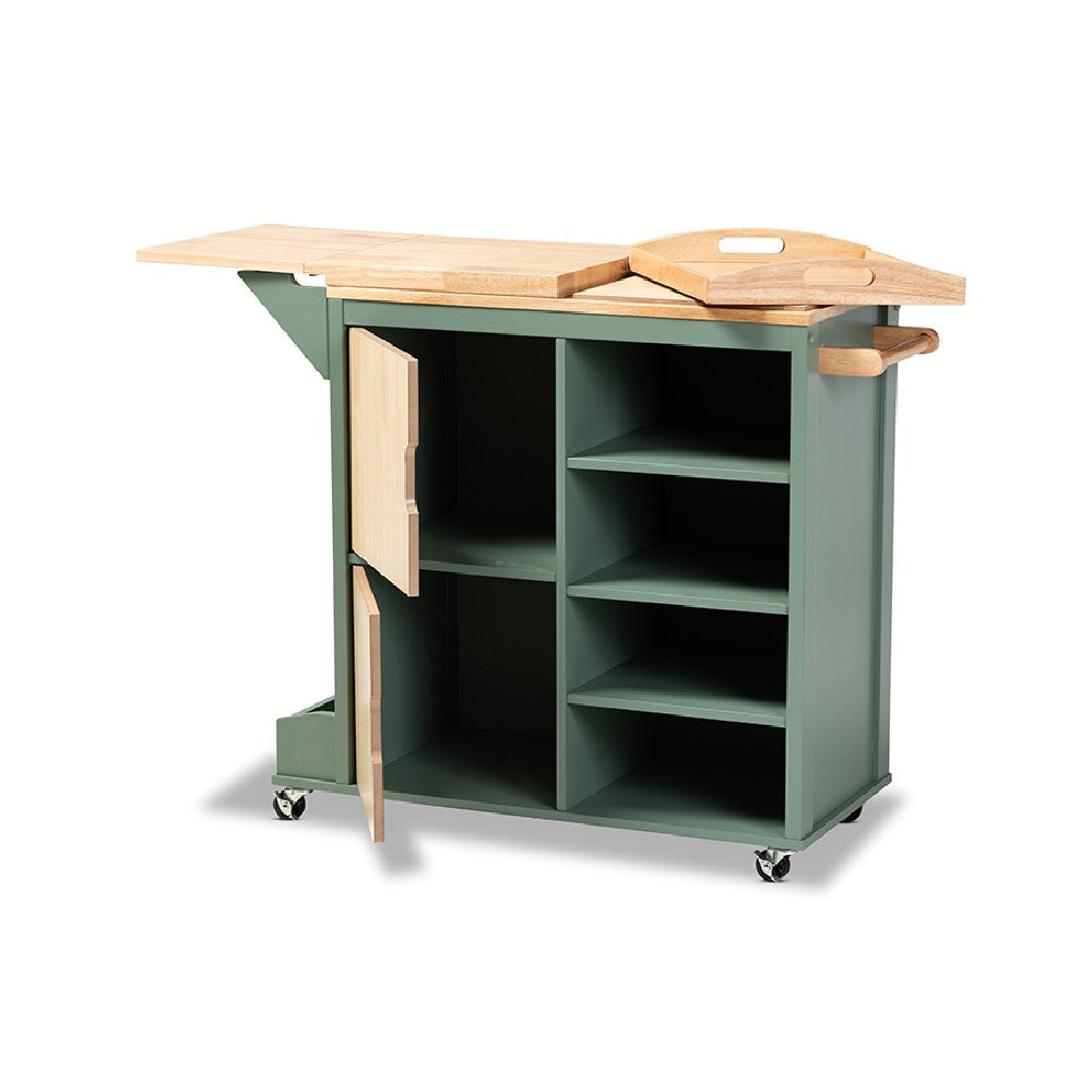 Baxton Studio Dorthy Coastal and Farmhouse Two-tone Dark Green and Natural Wood Kitchen Storage Cart WHI-RT670-OCC-Natural-Dark-Green-Cart