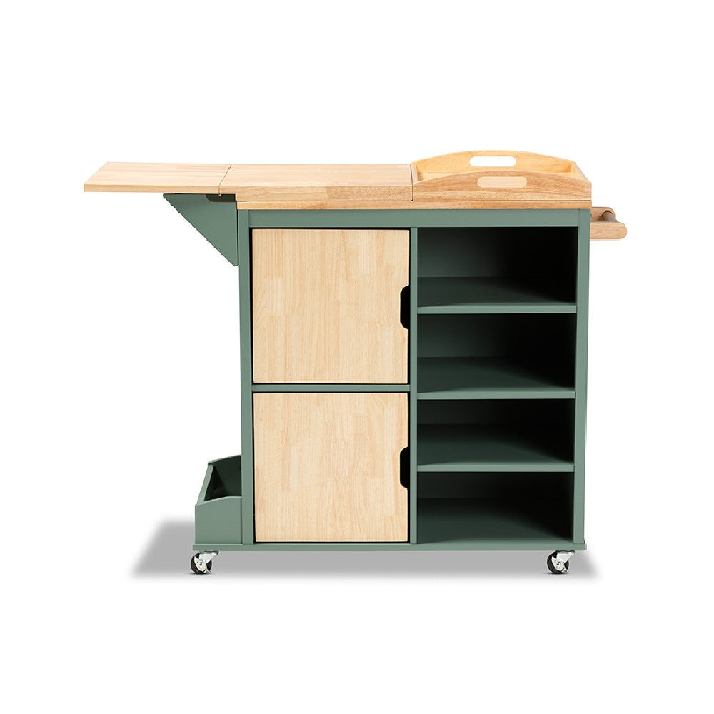 Baxton Studio Dorthy Coastal and Farmhouse Two-tone Dark Green and Natural Wood Kitchen Storage Cart WHI-RT670-OCC-Natural-Dark-Green-Cart