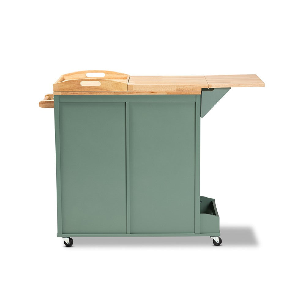 Baxton Studio Dorthy Coastal and Farmhouse Two-tone Dark Green and Natural Wood Kitchen Storage Cart WHI-RT670-OCC-Natural-Dark-Green-Cart