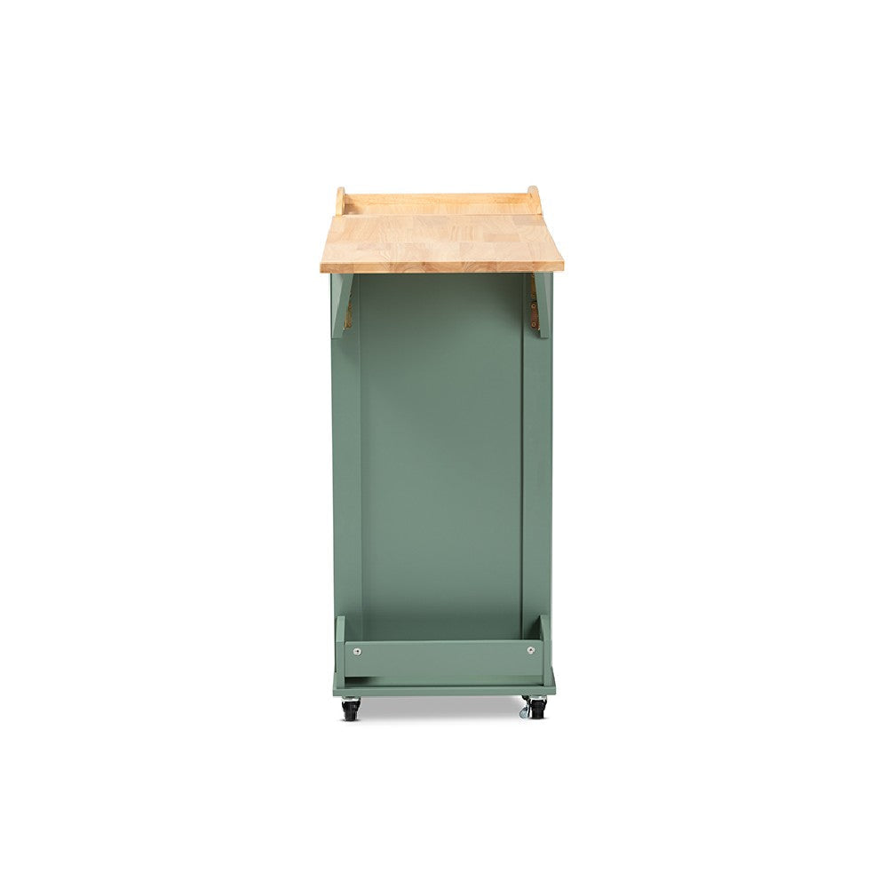 Baxton Studio Dorthy Coastal and Farmhouse Two-tone Dark Green and Natural Wood Kitchen Storage Cart WHI-RT670-OCC-Natural-Dark-Green-Cart