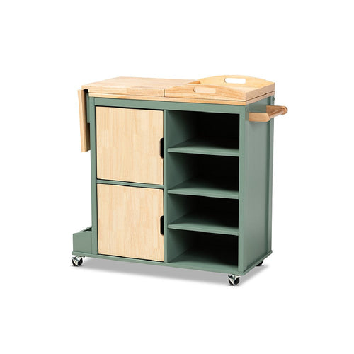 Baxton Studio Dorthy Coastal and Farmhouse Two-tone Dark Green and Natural Wood Kitchen Storage Cart
