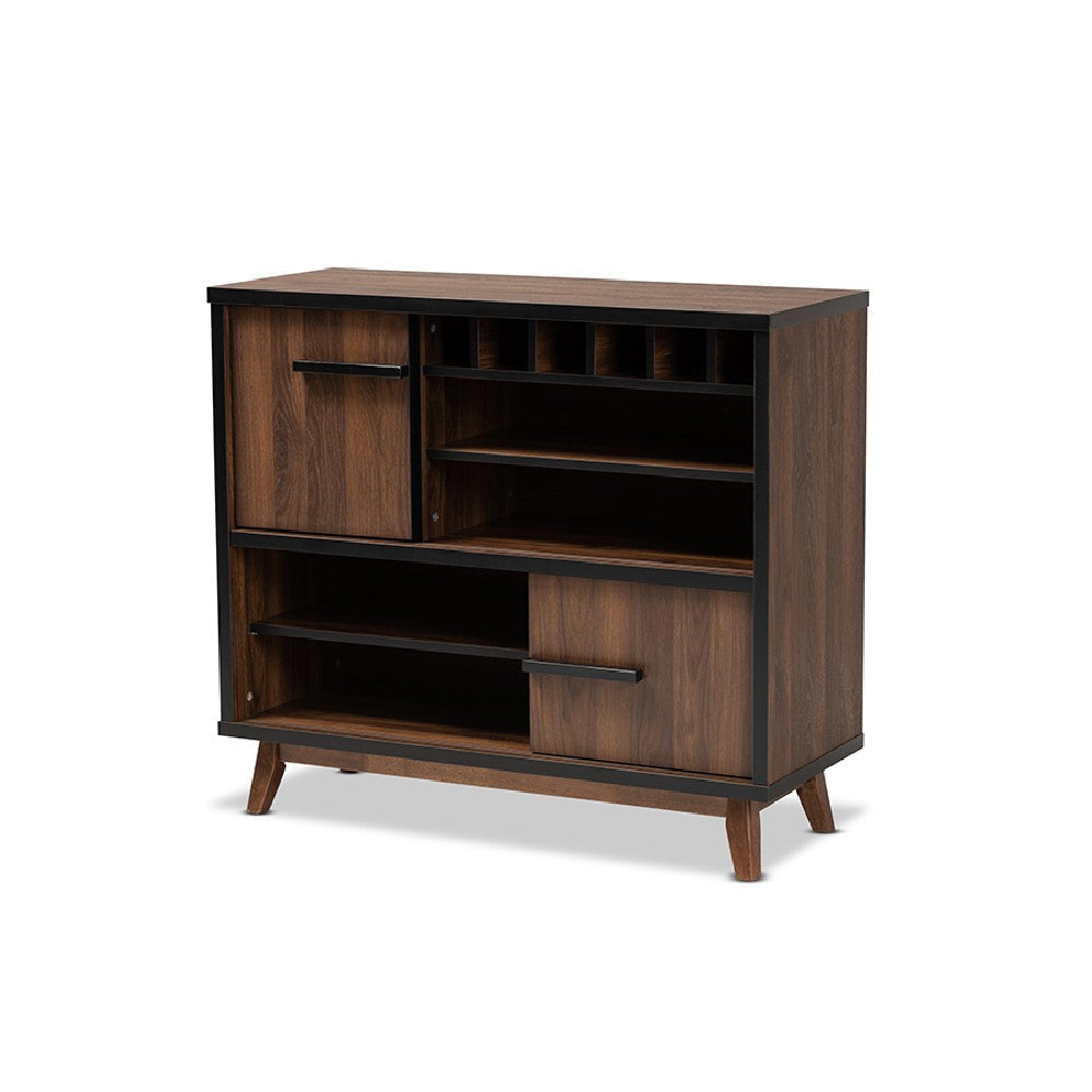 Baxton Studio Margo Mid-Century Modern Two-Tone Walnut Brown and Black Finished Wood Wine Storage Cabinet WHI-RT676-OCC-Walnut-Black-Cabinet