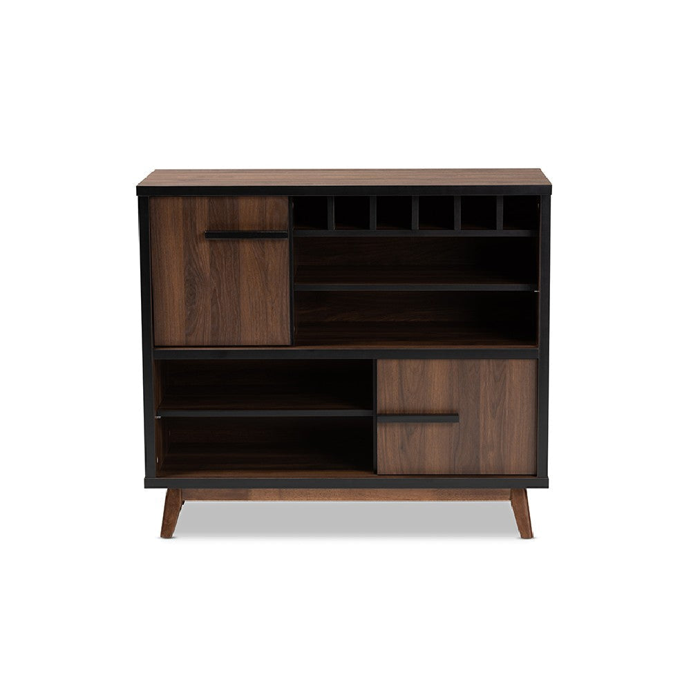 Baxton Studio Margo Mid-Century Modern Two-Tone Walnut Brown and Black Finished Wood Wine Storage Cabinet WHI-RT676-OCC-Walnut-Black-Cabinet