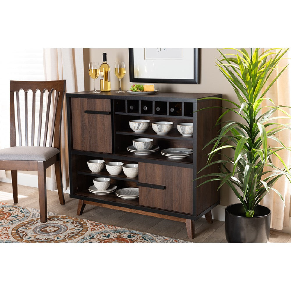 Baxton Studio Margo Mid-Century Modern Two-Tone Walnut Brown and Black Finished Wood Wine Storage Cabinet