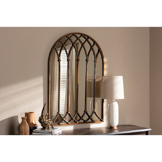 Baxton Studio Freja Vintage Farmhouse Antique Bronze Finished Arched Window Accent Wall Mirror