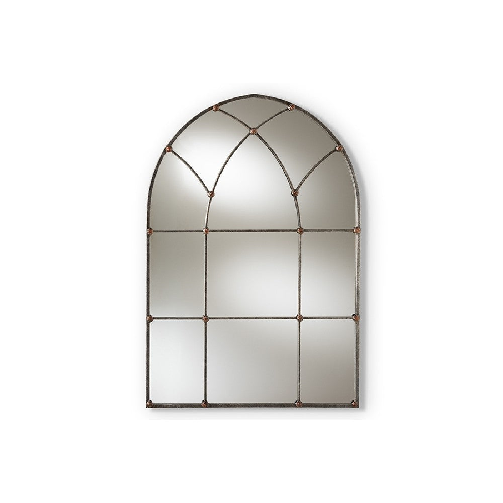 Baxton Studio Tova Vintage Farmhouse Antique Silver Finished Arched Window Accent Wall Mirror WHI-RTB1358