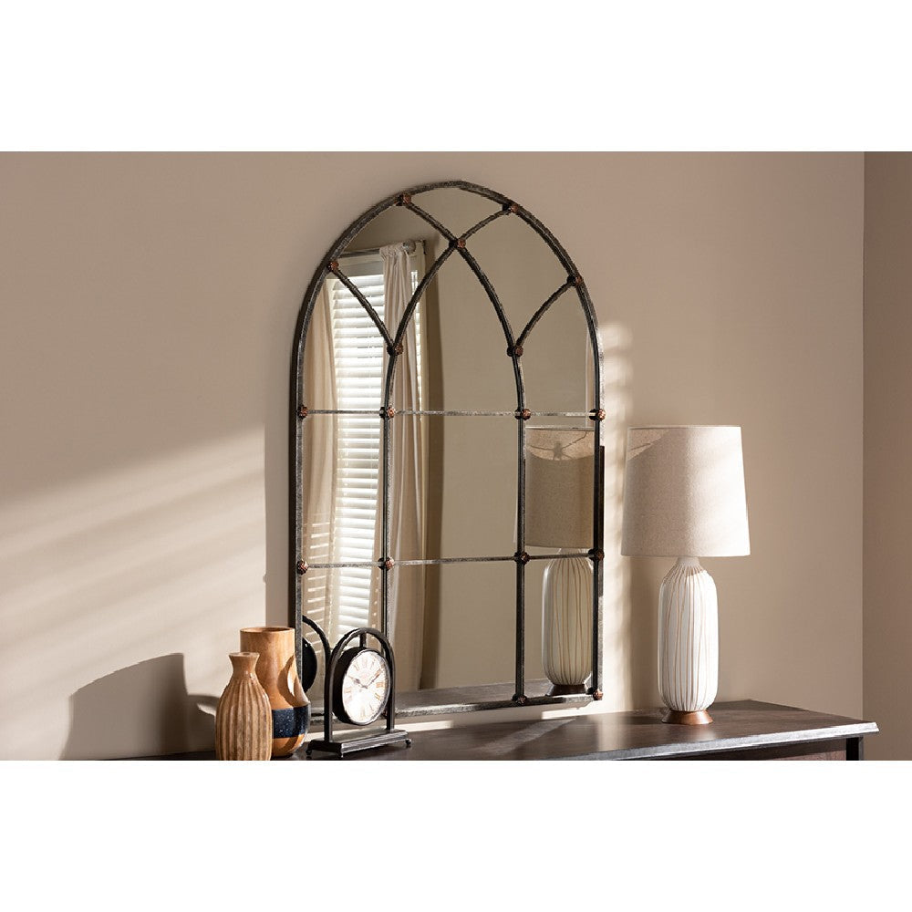 Baxton Studio Tova Vintage Farmhouse Antique Silver Finished Arched Window Accent Wall Mirror WHI-RTB1358