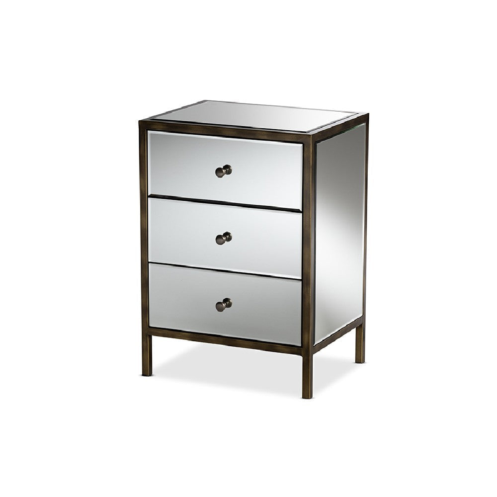 Baxton Studio Nouria Modern and Contemporary Hollywood Regency Glamour Style Mirrored 3-Drawer End Table WHI-RTB1368-1