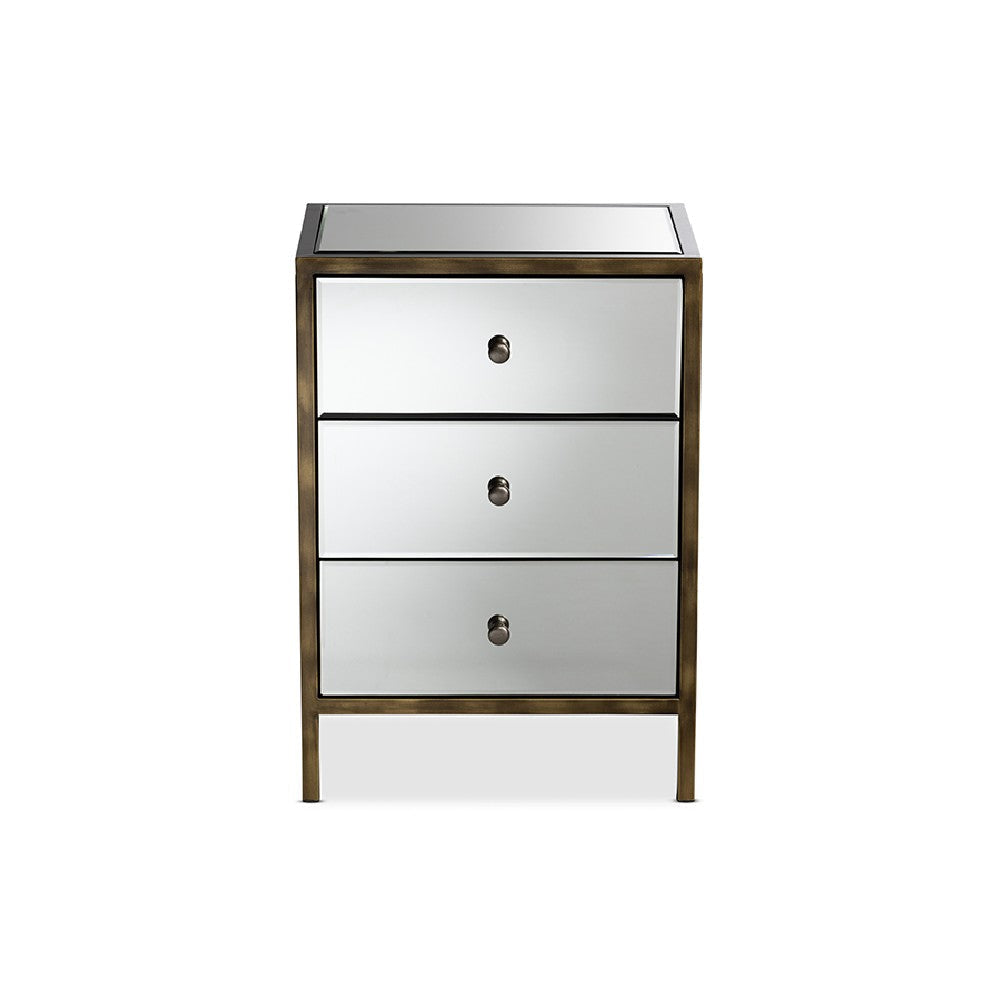 Baxton Studio Nouria Modern and Contemporary Hollywood Regency Glamour Style Mirrored 3-Drawer End Table WHI-RTB1368-1