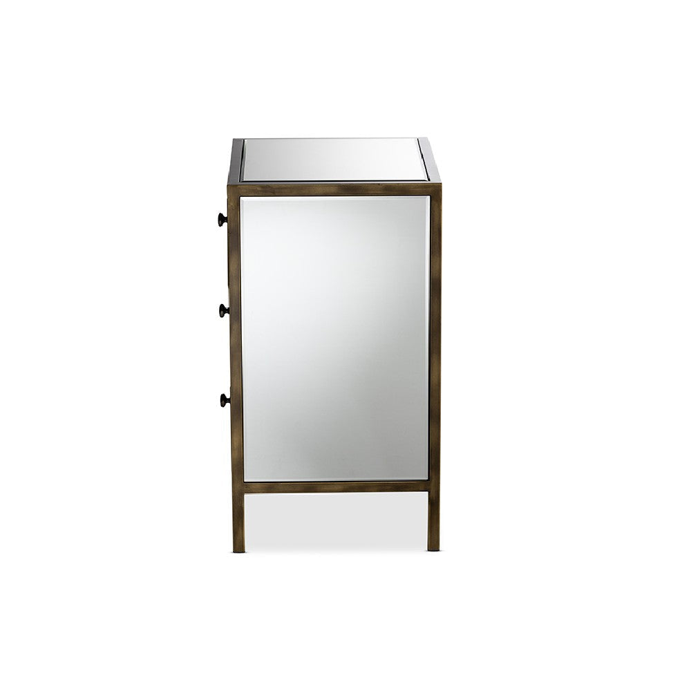 Baxton Studio Nouria Modern and Contemporary Hollywood Regency Glamour Style Mirrored 3-Drawer End Table WHI-RTB1368-1