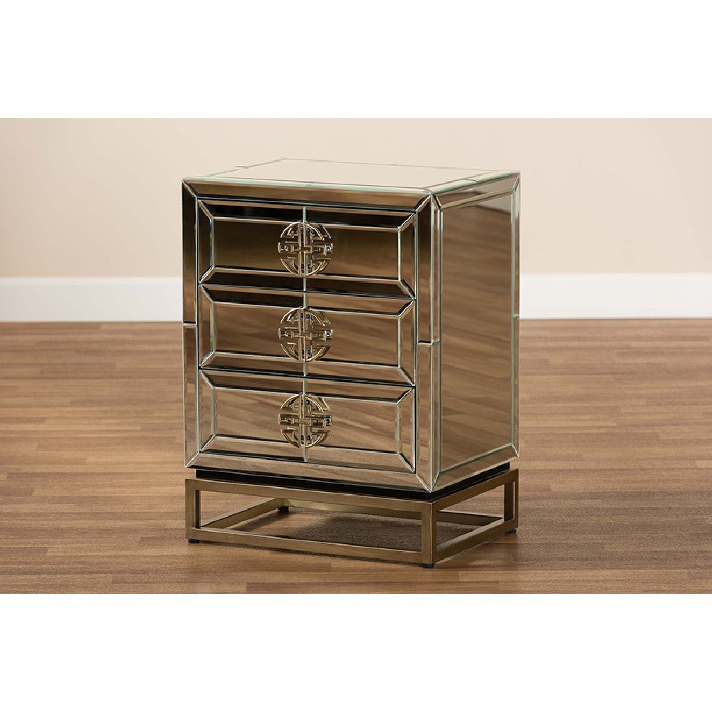 Baxton Studio Laken Contemporary Glam and Luxe Mirrored and Antique Bronze Finished 3-Drawer End Table
