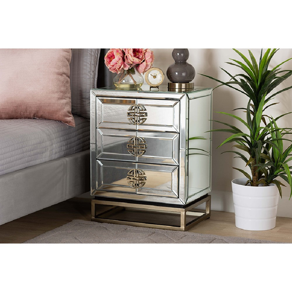 Baxton Studio Laken Contemporary Glam and Luxe Mirrored and Antique Bronze Finished 3-Drawer End Table WHI-RXF-2222-ET
