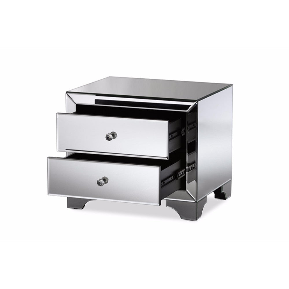 Baxton Studio Farrah Hollywood Regency Glamour Style Mirrored 2-Drawer End Table WHI-RXF-782