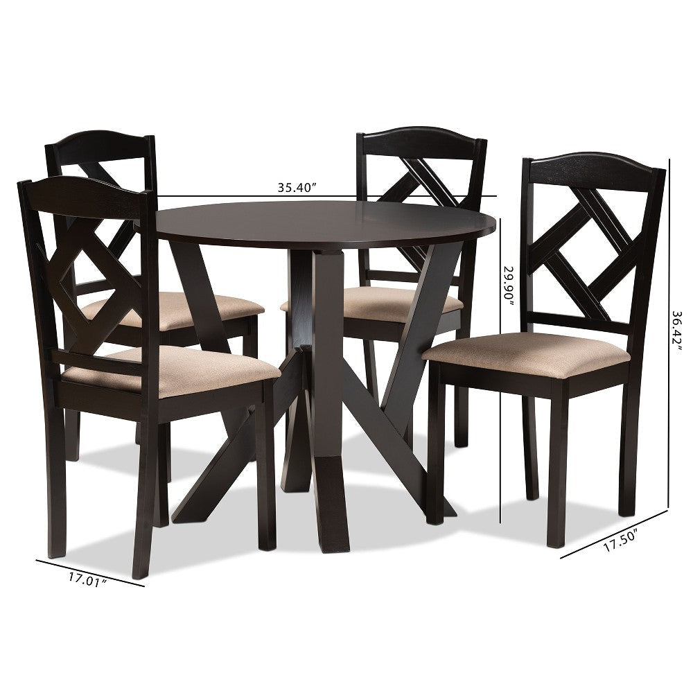 Baxton Studio Riona Sand Fabric Upholstered and Dark Brown Finished Wood 5-Piece Dining Set WHI-Riona-Sand-Dark-Brown-5PC-Dining-Set