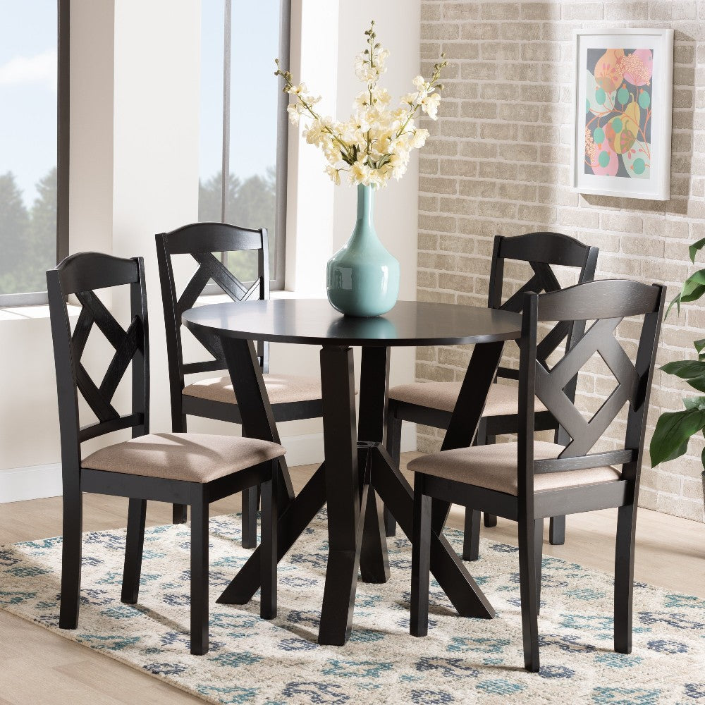 Baxton Studio Riona Sand Fabric Upholstered and Dark Brown Finished Wood 5-Piece Dining Set WHI-Riona-Sand-Dark-Brown-5PC-Dining-Set