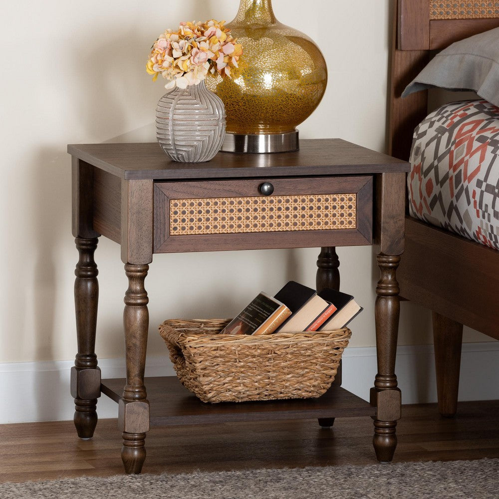 Baxton Studio Roden Transitional Dark Brown Nightstand with Rattan WHI-Roden-Brown-Nightstand