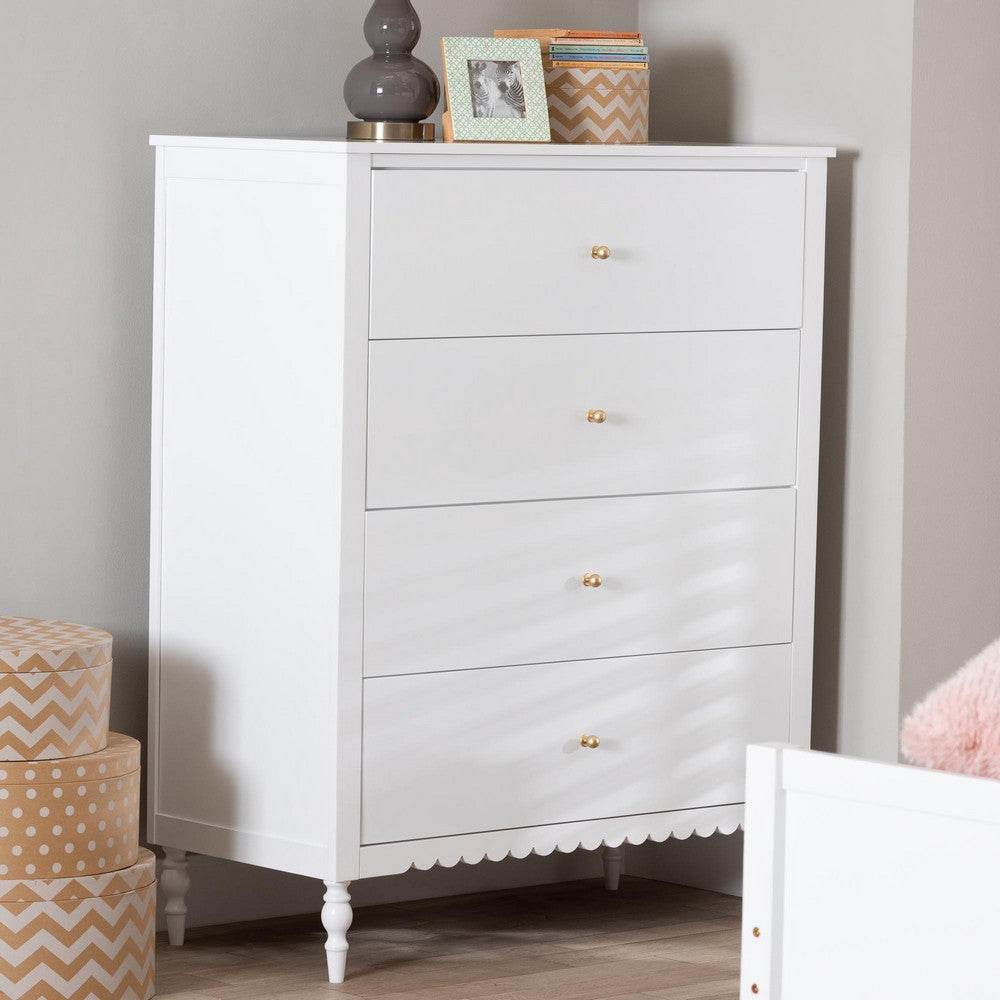 Baxton Studio Roni Modern White Wood 4-Drawer Chest with Scalloped Edges