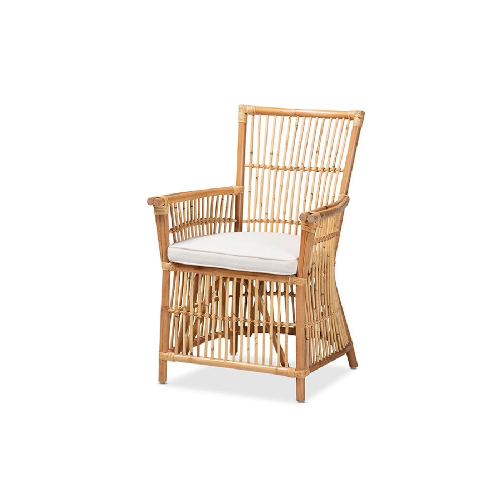 bali & pari Rose Modern Bohemian White Fabric Upholstered and Natural Brown Rattan Armchair WHI-Rose-Rattan-Armchair
