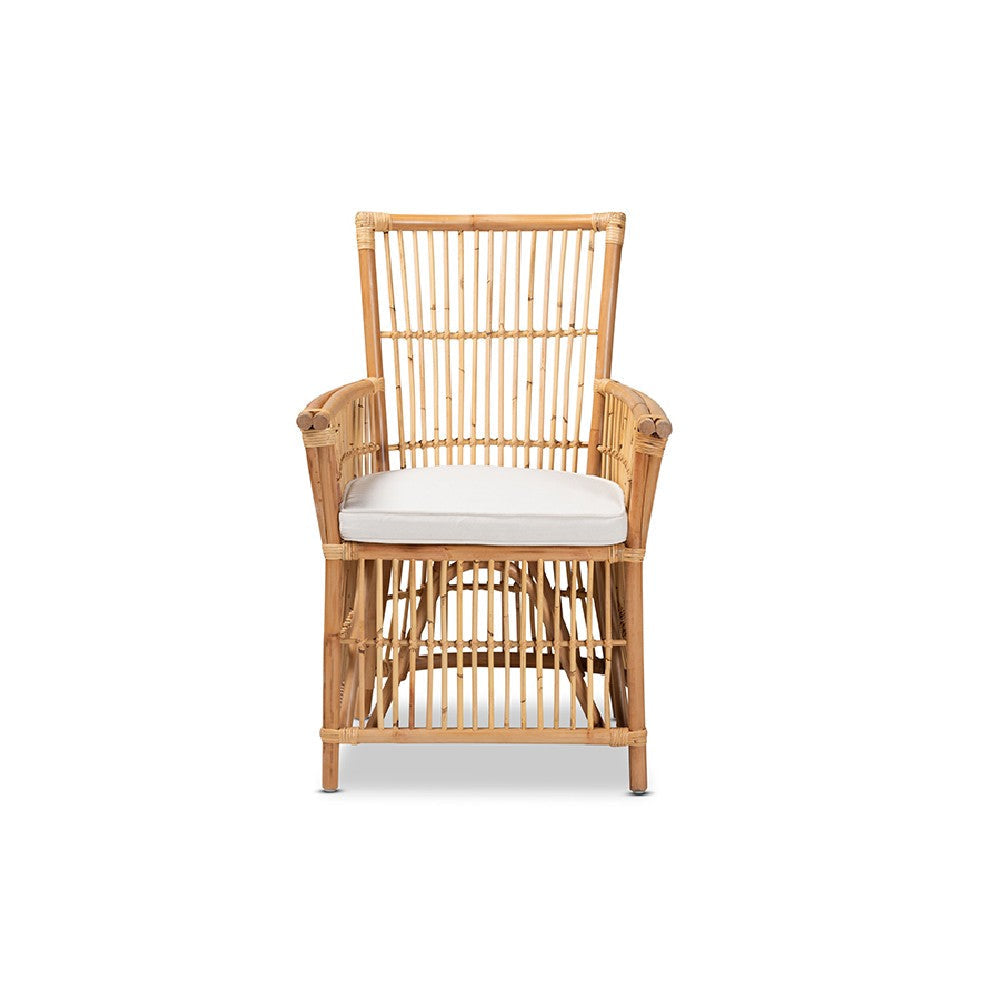bali & pari Rose Modern Bohemian White Fabric Upholstered and Natural Brown Rattan Armchair WHI-Rose-Rattan-Armchair