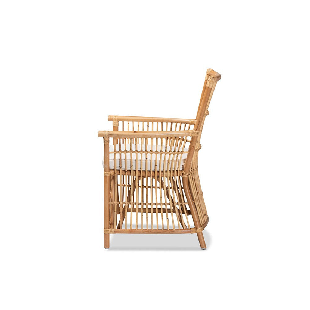 bali & pari Rose Modern Bohemian White Fabric Upholstered and Natural Brown Rattan Armchair WHI-Rose-Rattan-Armchair